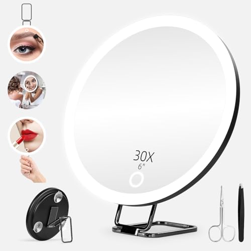30X Travel Magnifying Mirror with Light 6 Suction Cup Design