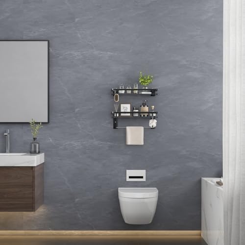 VOLPONE Black Tempered Glass Bathroom Shelf with 4 Removable Hooks