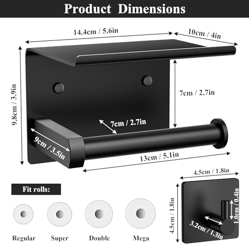 Tindbea - Stainless Steel Toilet Paper Holder with Phone Towel Robe Hooks Matte Black