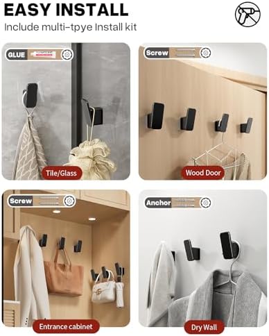 4-Pack Black Towel Hooks Rustproof Durable Design for Bathroom More