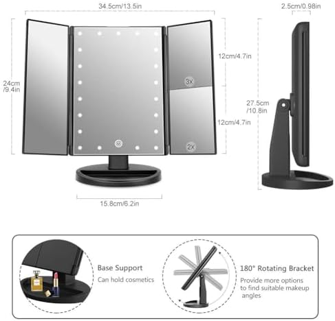 Flymiro Tri-Fold Lighted Vanity Mirror with 3x Magnification
