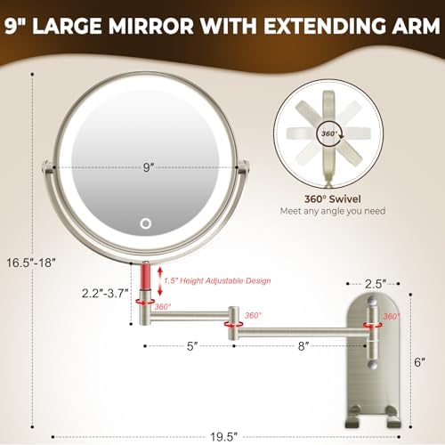 9 Wall-Mounted Makeup Mirror with Rechargeable LED Lights and 3000mAh Battery