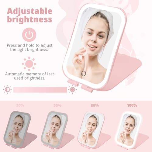 2000mAh Compact Makeup Mirror 3 Settings Touch Light Pink