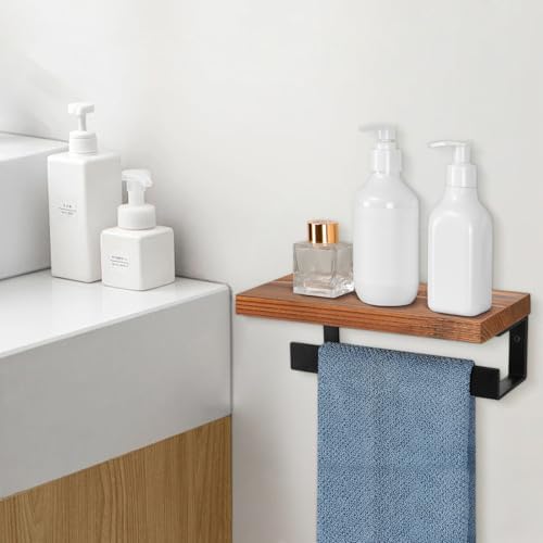 Winmien Exotic Wood Towel Holder with Wall-Mounted Shelf for Bathroom