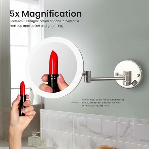 Wall-Mounted Circular LED Makeup Mirror with 5X Magnification in Brass