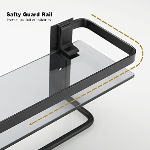 VOLPONE Black Tempered Glass Bathroom Shelf with 4 Removable Hooks