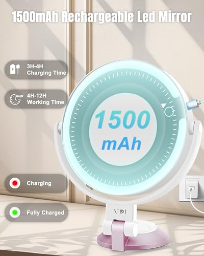 Magnifying Wall-Mounted Mirror with Suction Cup Rechargeable for Bathroom Travel