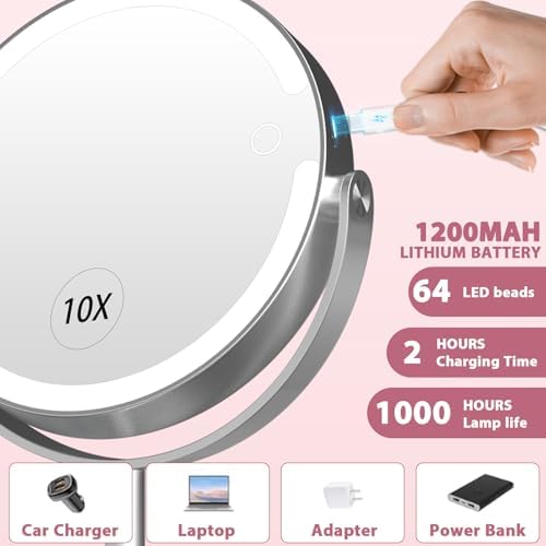 10x Magnifying Mirror with Rechargeable Light