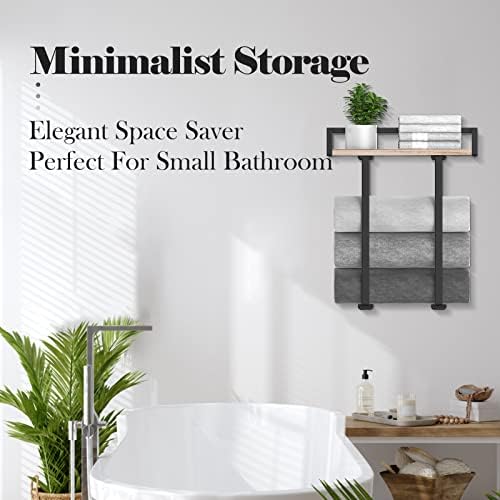 Xstydes Wall-Mounted Metal Towel Holder with Wooden Shelf for Small Washrooms