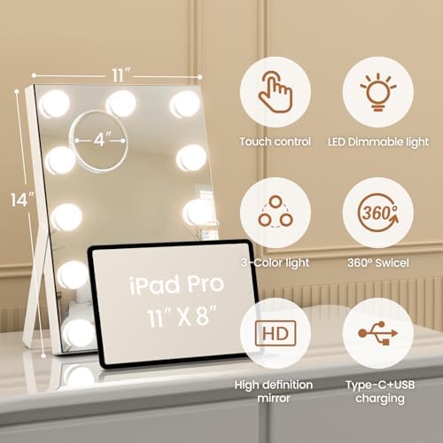 11x14 Interactive Vanity Mirror wLED Light Charging Port for Makeup