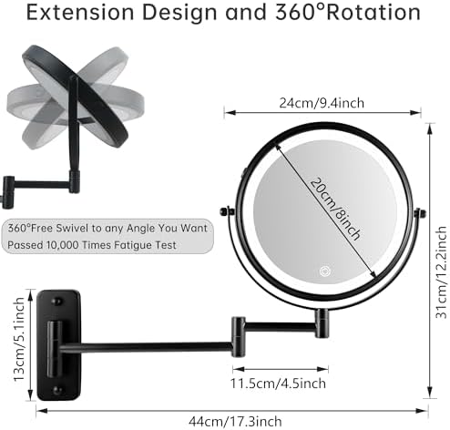 Wall-Mounted Makeup Mirror with 3 Lighting Modes