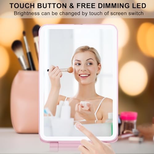 Travel Makeup Mirror with 3 Lights Modes Rechargeable Ultra-Thin Pink