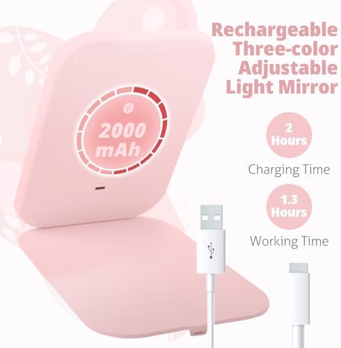 2000mAh Compact Makeup Mirror 3 Settings Touch Light Pink