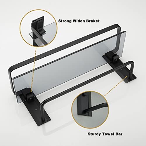 VOLPONE Black Tempered Glass Bathroom Shelf with 4 Removable Hooks