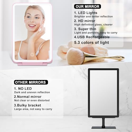 Travel Makeup Mirror with 3 Lights Modes Rechargeable Ultra-Thin Pink