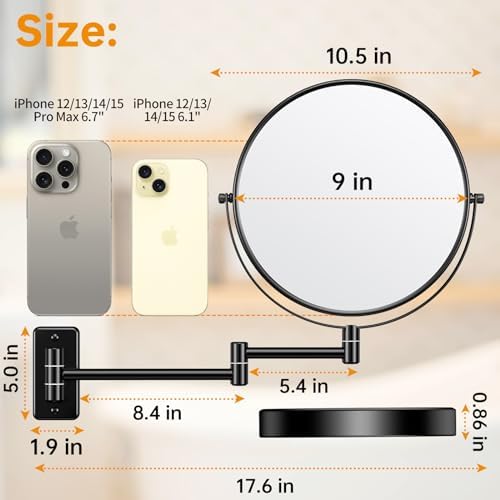 Anfauny 9-Inch Wall-Mounted Makeup Mirror with Extendable Arm 10X Magnification