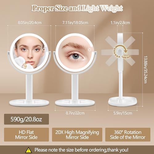 MOMOKUBA Double-Sided Makeup Mirror with 20X Magnification Light