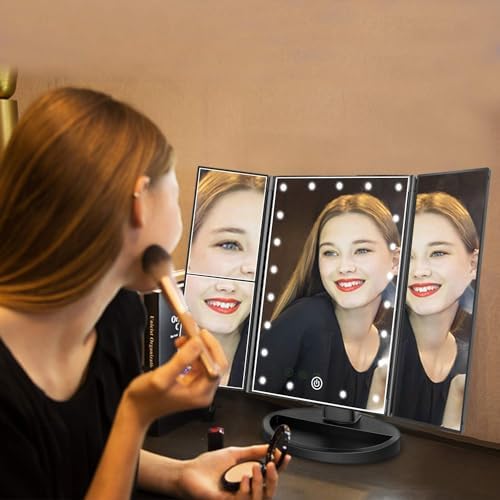 Flymiro Tri-Fold Lighted Vanity Mirror with 3x Magnification