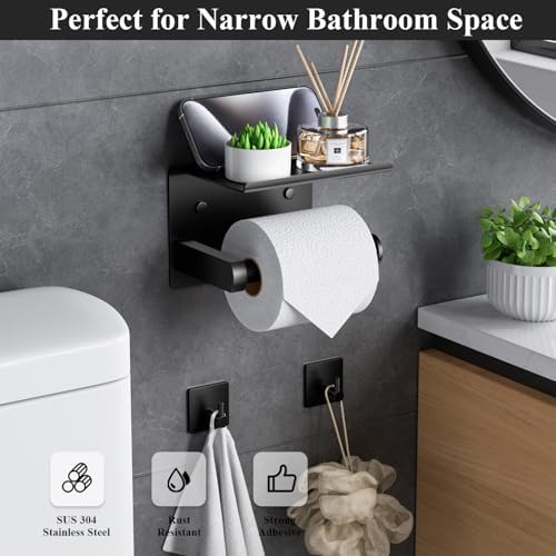 Tindbea - Stainless Steel Toilet Paper Holder with Phone Towel Robe Hooks Matte Black