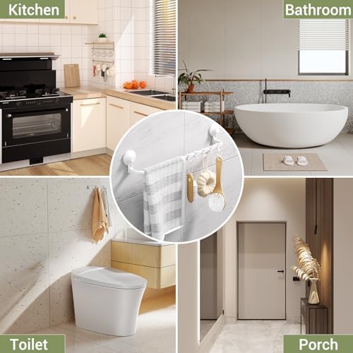 LUXEARStrong Adhesive Bathroom Towel Bar w 5 Hooks No Drilling 24-Inch - White