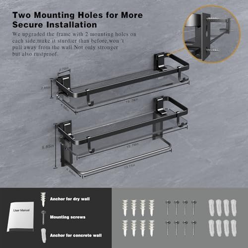 VOLPONE Black Tempered Glass Bathroom Shelf with 4 Removable Hooks