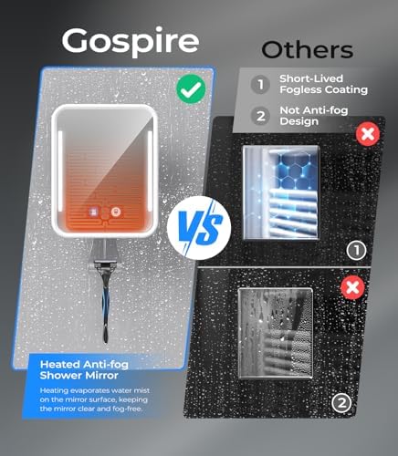 Gospire Heated Mirror White Rechargeable No Drilling Detachable Suction for Shower