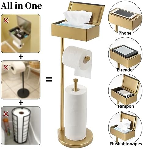 Theaoo Toilet Paper Holder Stand with Shelf Gold Stainless Steel