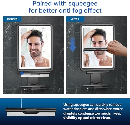 Anti-Fog Shower Mirror with Squeegee 3 Light Modes