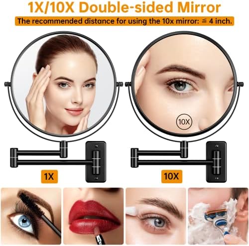Anfauny 9-Inch Wall-Mounted Makeup Mirror with Extendable Arm 10X Magnification
