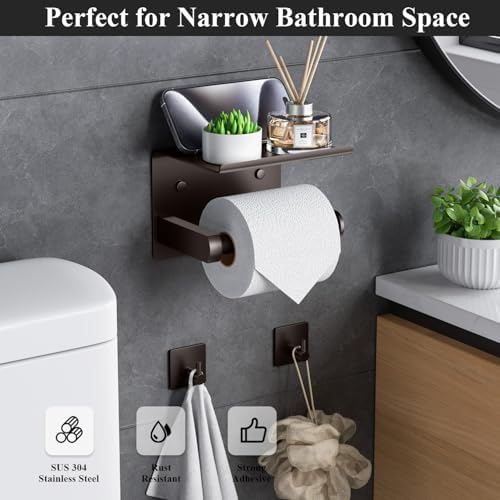 Stylish Bronze Toilet Paper Holder with Phone Shelf Towel Hooks