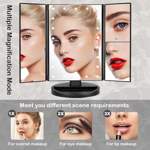 Flymiro Tri-Fold Lighted Vanity Mirror with 3x Magnification