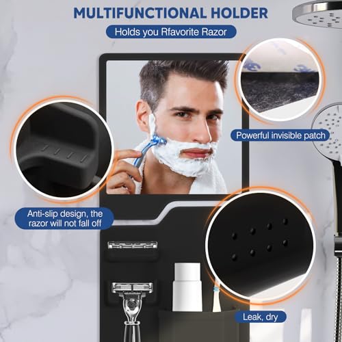 Silicone shower toothbrush razor holder with anti-fog mirror