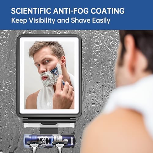 Anti-Fog Shower Mirror with Squeegee 3 Light Modes