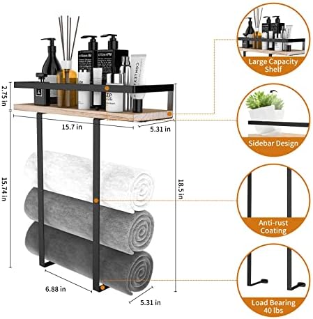 Xstydes Wall-Mounted Metal Towel Holder with Wooden Shelf for Small Washrooms