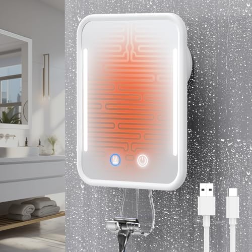 Gospire Heated Mirror White Rechargeable No Drilling Detachable Suction for Shower