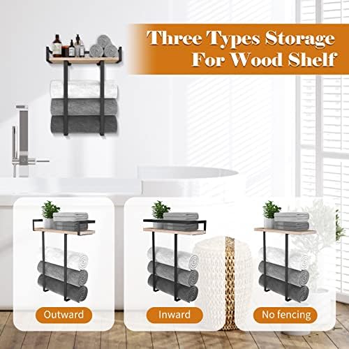 Xstydes Wall-Mounted Metal Towel Holder with Wooden Shelf for Small Washrooms